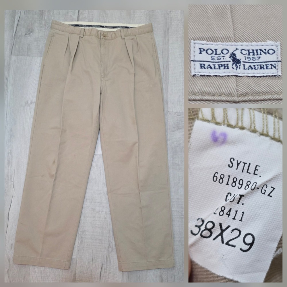 VTG Polo Ralph Lauren Mens Chino Pants 38x29 Tan Khaki Pleated Cotton 6818980